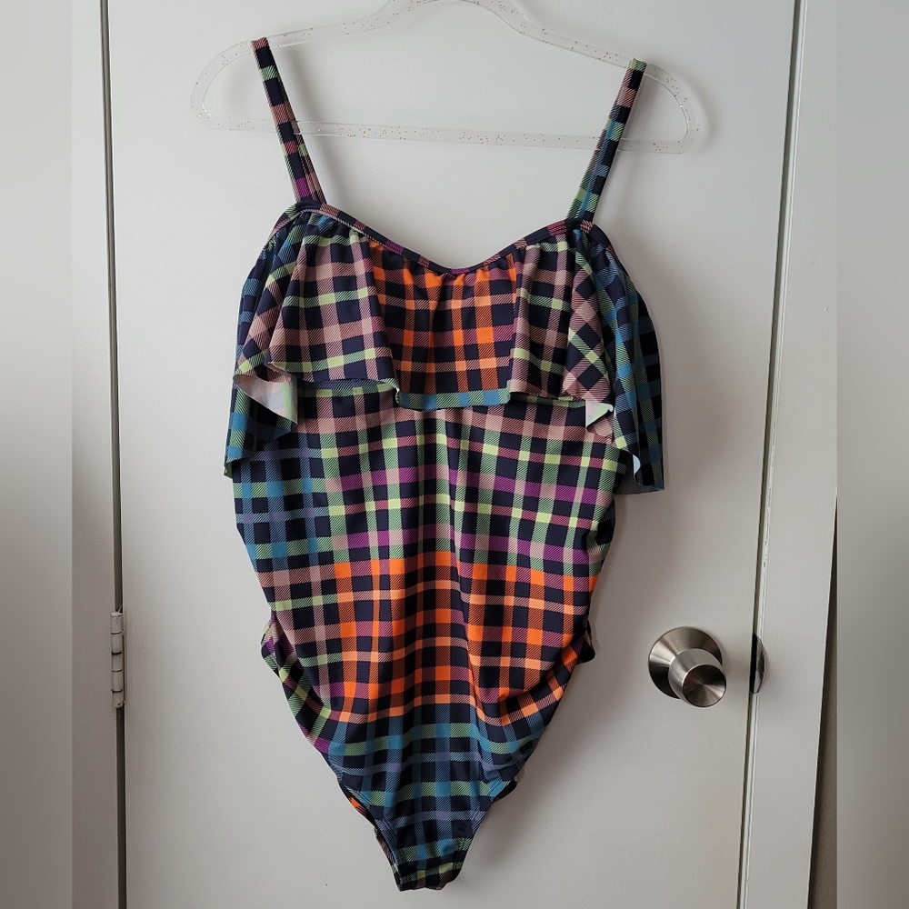 Beach Bump Motherhood plaid maternity swimsuit